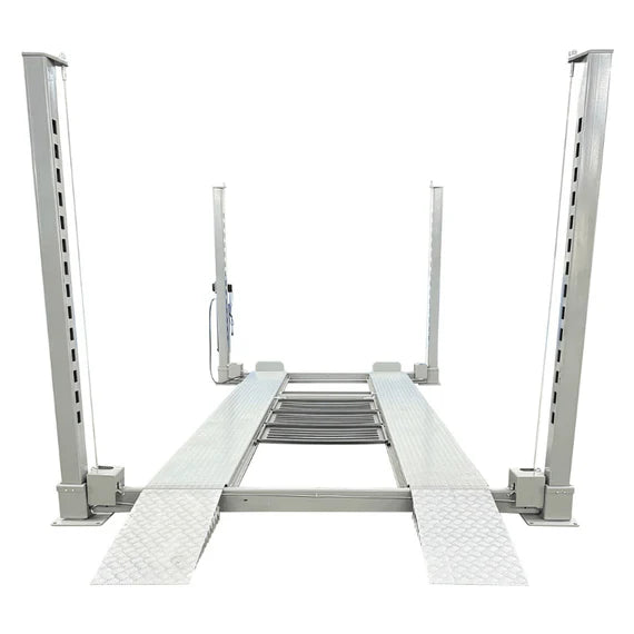 Head-on view of Triumph 10,000 lb NOS10000 four-post lift with loading ramps extended