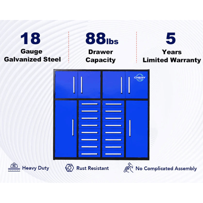 Heavy duty 18 gauge galvanized steel 7ft 16 drawer garage cabinet by Chery Industrial with 88 lb drawers and 5 year warranty