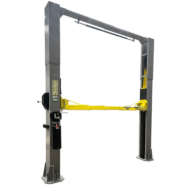 Heavy duty Triumph 13,000 lb 2-post overhead car lift NTO-13A shown assembled with overhead crossbar