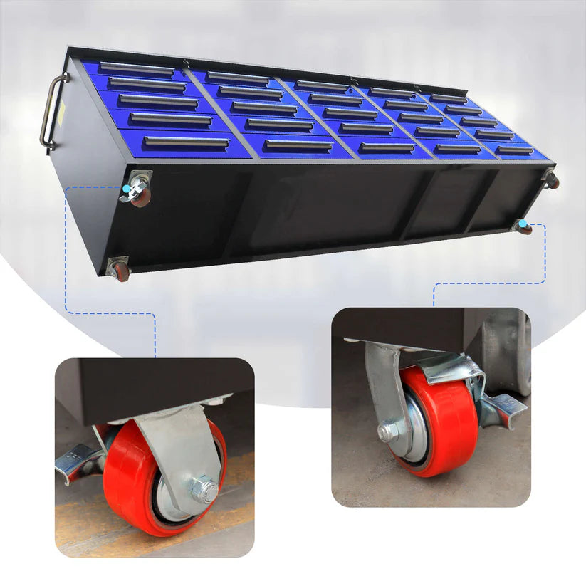 Heavy duty caster wheels on a 10ft 25 drawer storage workbench by Chery Industrial with close up wheel detail