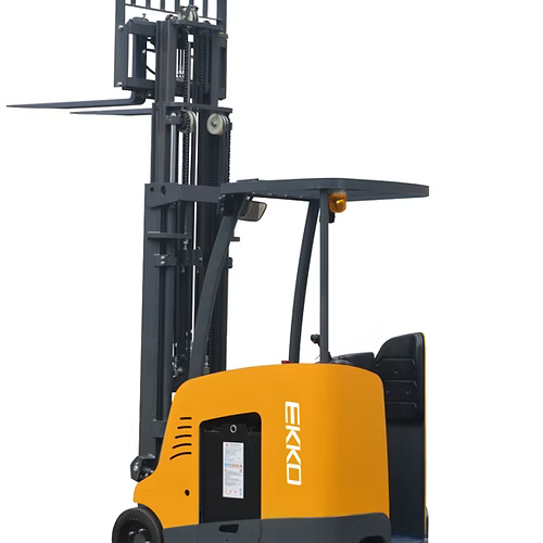 High-lift EKKO EK18RF forklift with ergonomic control handle and solid cushion tires for indoor warehousing