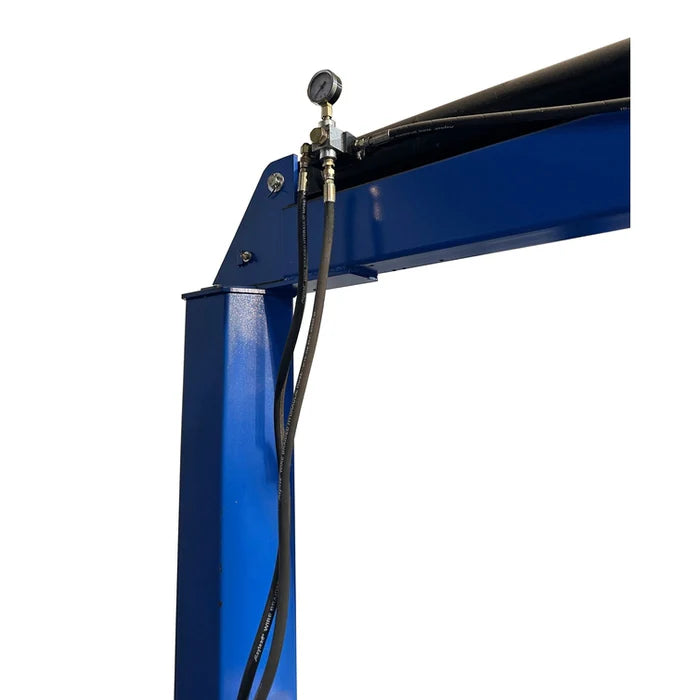 Hydraulic hose and pressure gauge on top beam of Tuxedo FP14K 14,000 lb 4 post lift