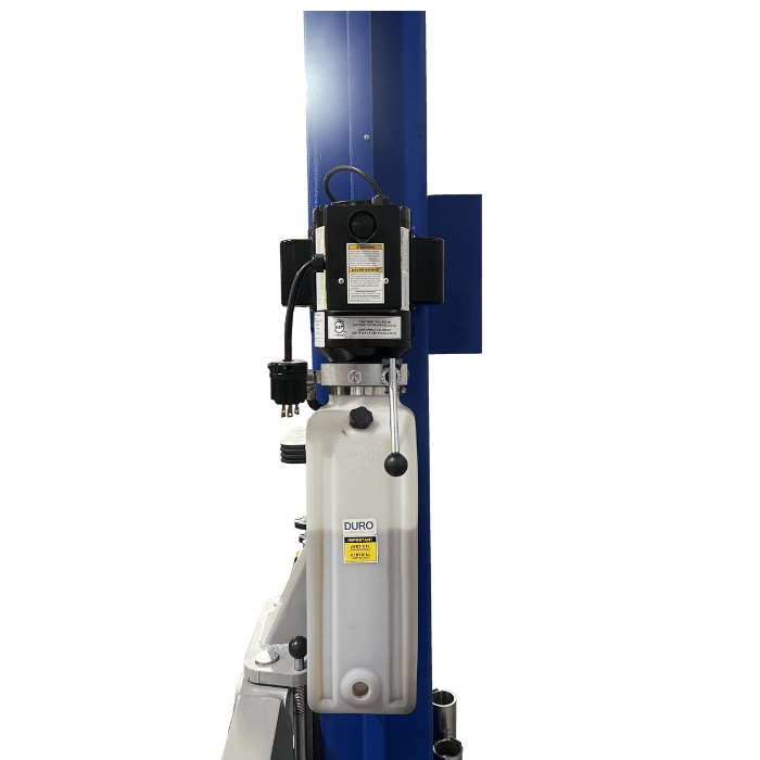 Hydraulic motor and fluid reservoir on Tuxedo TP12KSC-DX 2 post lift