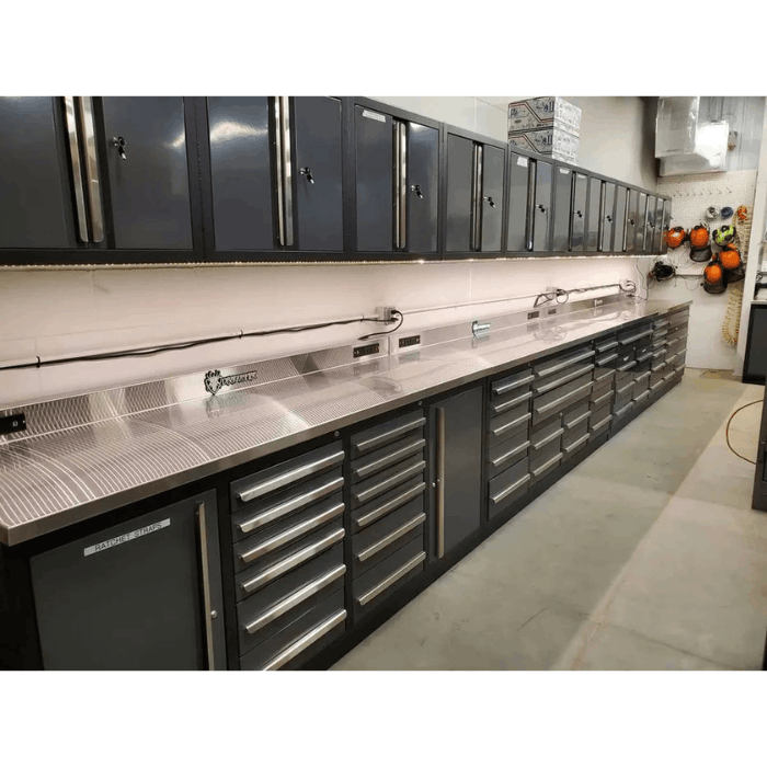 Installed Dragonfire Pro Series 9ft 20 drawer workbench with stainless top in garage setup DFT-WB-20