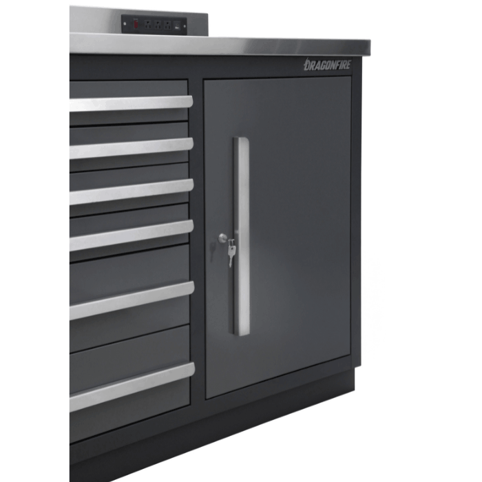 Interior storage cabinet with door open on the Dragonfire 7ft Pro Series workbench, model DFT-WB-12