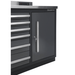 Interior storage cabinet with door open on the Dragonfire 7ft Pro Series workbench, model DFT-WB-12