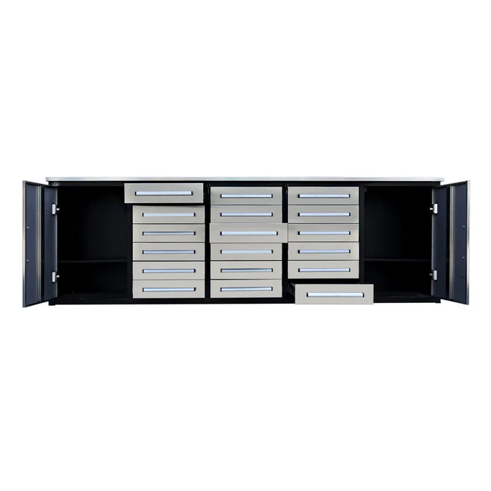 Interior view of Chery Industrial 10ft workbench with 18 drawers and cabinet doors fully open