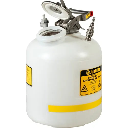 Justrite Quick-Disconnect Disposal Safety Can w/ SS & PP Fittings For 3/8" Tubing, 5 Gal. Cap, White