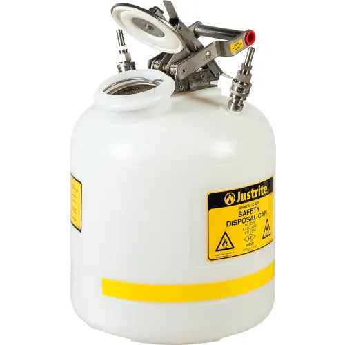 Justrite Quick-Disconnect Disposal Safety Can w/ SS & PP Fittings For 3/8" Tubing, 5 Gal. Cap, White