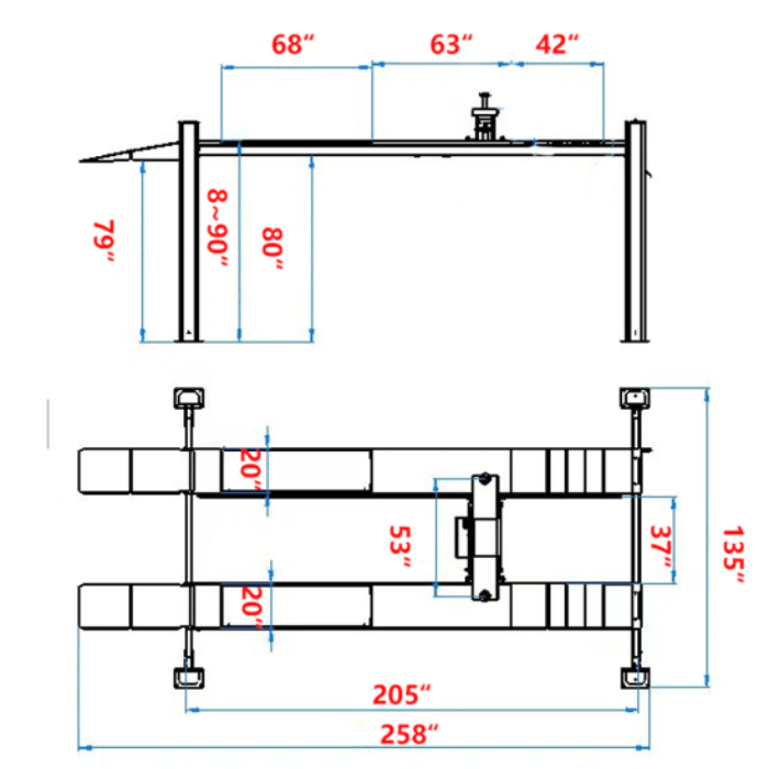 KT-4H120X Four Post Vehicle Lift 12k capacity technical dimensions and layout drawing