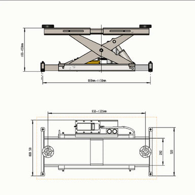 Katool 7000 lb rolling jack technical diagram showing dimensions and platform layout