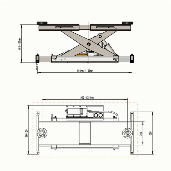 Katool 7000 lb rolling jack technical diagram showing dimensions and platform layout