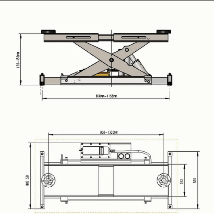 Katool 7,000 lb rolling jack dimensions and adjustable width diagram