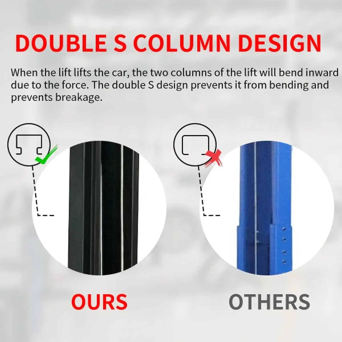 Katool KT-M140XD 14,000 lb 2 post lift double S column design vs standard column comparison for strength and bend resistance