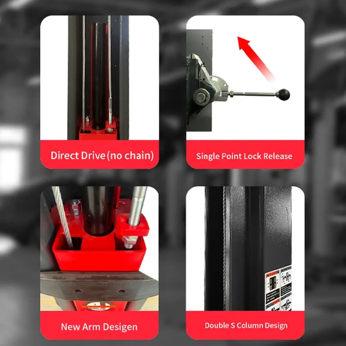 Katool KT-M140XD 14,000 lb 2 post lift features collage showing direct drive, single point lock release, new arm, double S column