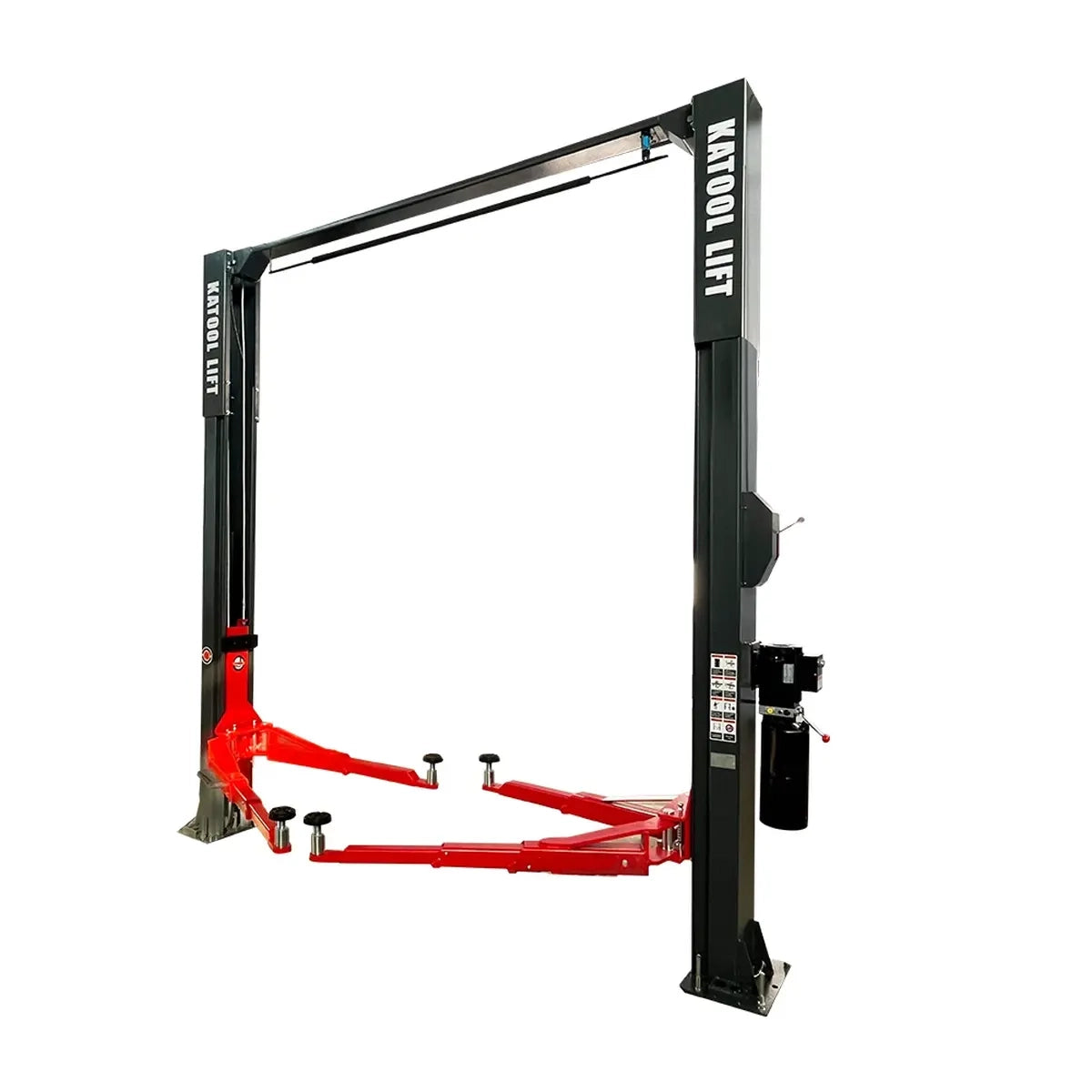 Katool KT-M140XD 14,000 lb 2 post lift with overhead cross beam and red adjustable arms studio view