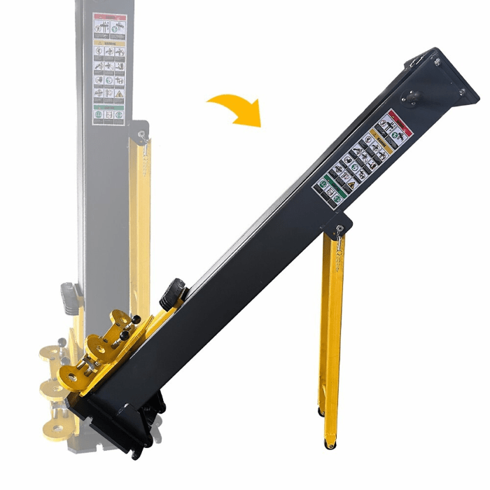 Katool PMRL200 Two Post Lift column tilting with arrow illustration – portable design for easy relocation and storage.