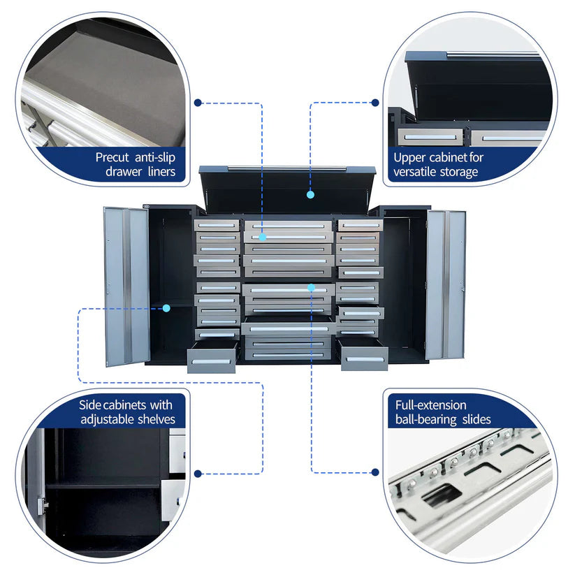 Key features graphic for Chery Industrial 9ft garage storage cabinet with 34 drawers showing liners shelves and slides