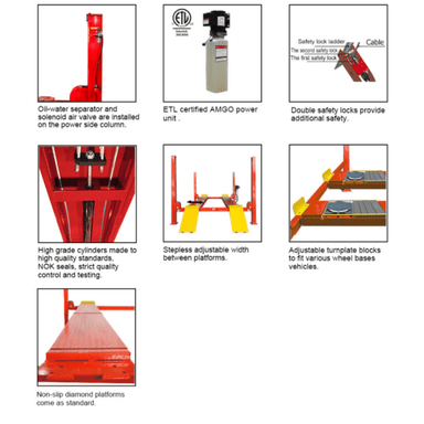 Key features of AMGO PRO-14A 4 post lift including adjustable platforms and safety locks