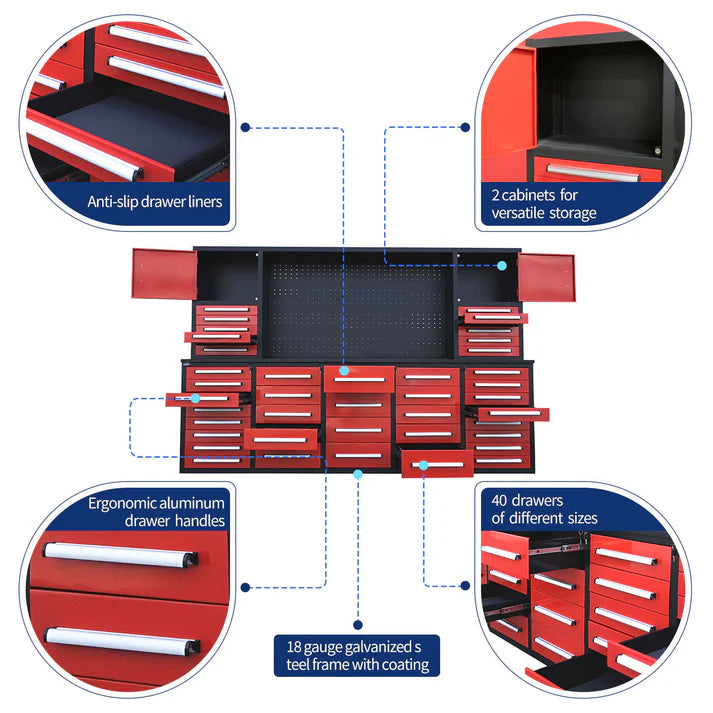 Key features of Chery Industrial 10ft workbench cabinet including drawers cabinets and pegboard