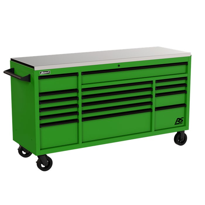 Homak 72" RS Pro 16-Drawer Rolling Cabinet with Stainless Steel Top in Monster Green
