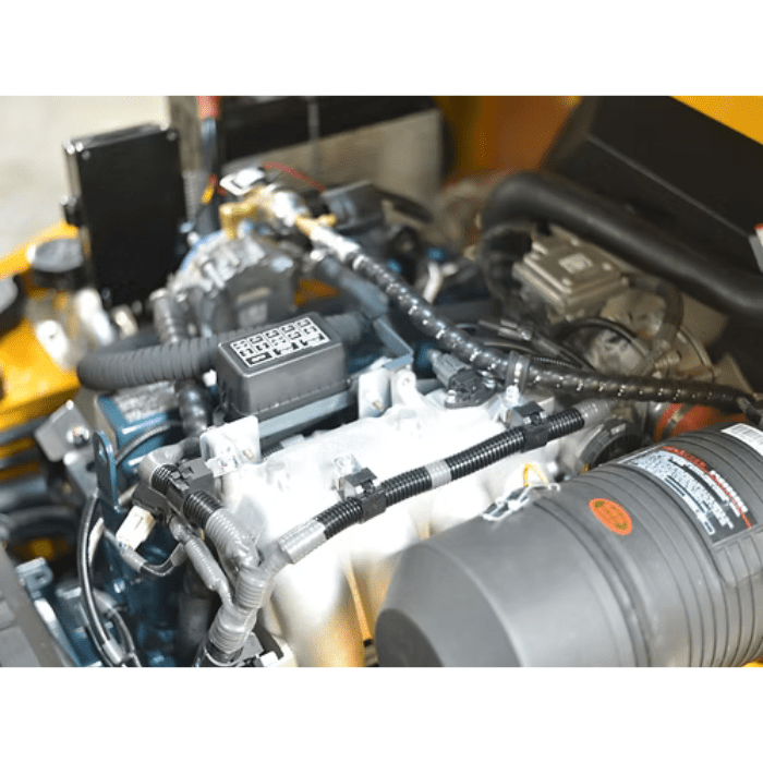 LPG engine layout of the Ekko Lifts EK35LP, featuring clean wiring and component access for the 7,000 lb forklift