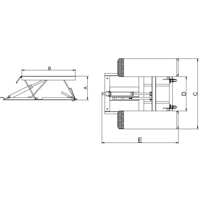 Lift schematic for the AMGO model LR06 showing side and top-view dimensions