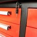 Lockable red drawers and key detail on Chery Industrial 10ft 35 drawer workbench