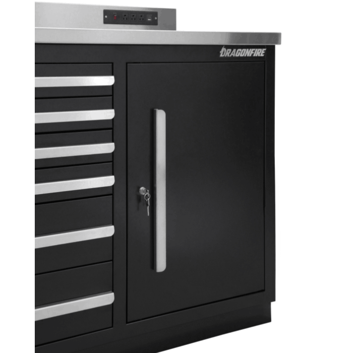 Locking right cabinet door close-up on the black Dragonfire 7ft Pro Series workbench, model DFT-WB-12