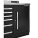 Locking right cabinet door close-up on the black Dragonfire 7ft Pro Series workbench, model DFT-WB-12
