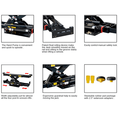 MGO RJ-6H rolling jack features including hand pump, floating rolling device, safety lock, and rubber pads