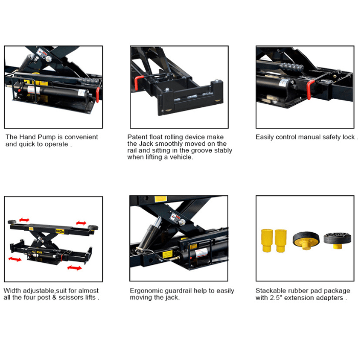 MGO RJ-6H rolling jack features including hand pump, floating rolling device, safety lock, and rubber pads