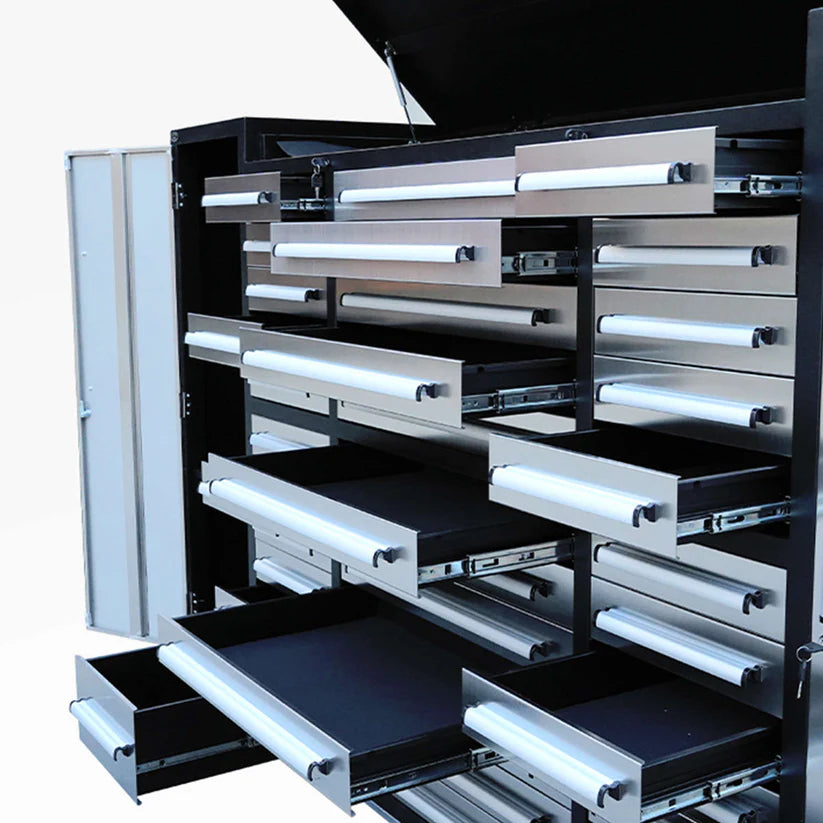 Multiple drawers extended on a Chery Industrial 9ft garage cabinet showing different drawer sizes and full extension slides