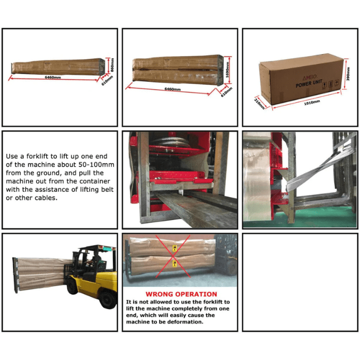 Nine-panel graphic showing AMGO PRO-18A shipping packaging dimensions, forklift-unloading best practices, and wrong vs. right container ejection methods to prevent deformation