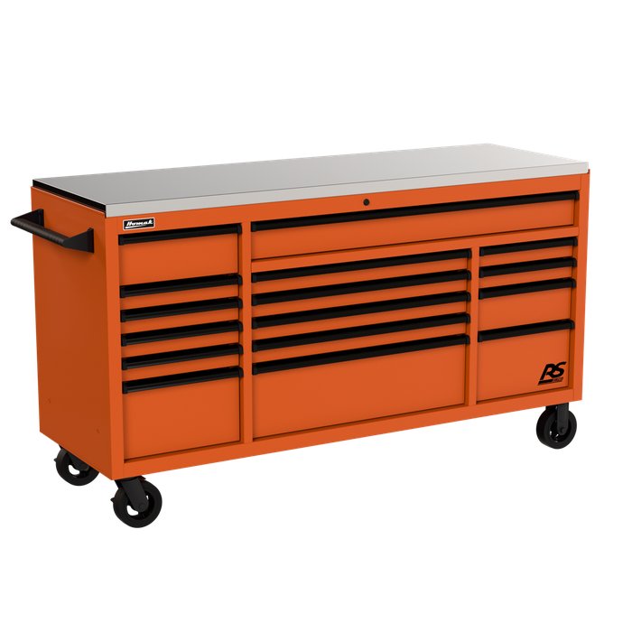 Homak 72" RS Pro 16-Drawer Rolling Cabinet with Stainless Steel Top in Competition Orange