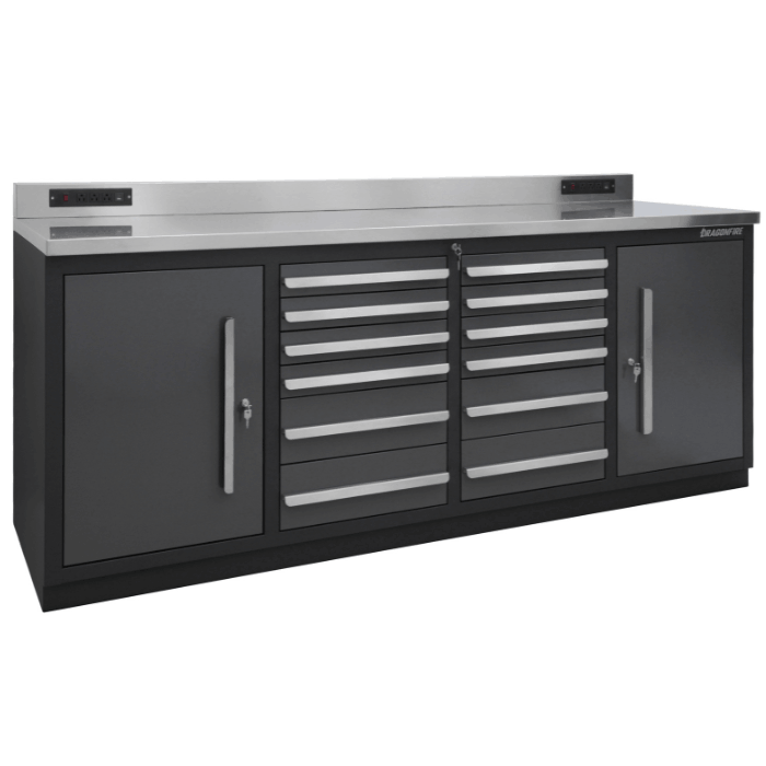 One drawer open on the Dragonfire Pro Series 7ft workbench, 12-drawer layout and heavy-duty slides (DFT-WB-12)