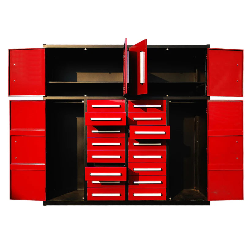 Open door view showing interior storage on a 7ft 16 drawer garage cabinet by Chery Industrial