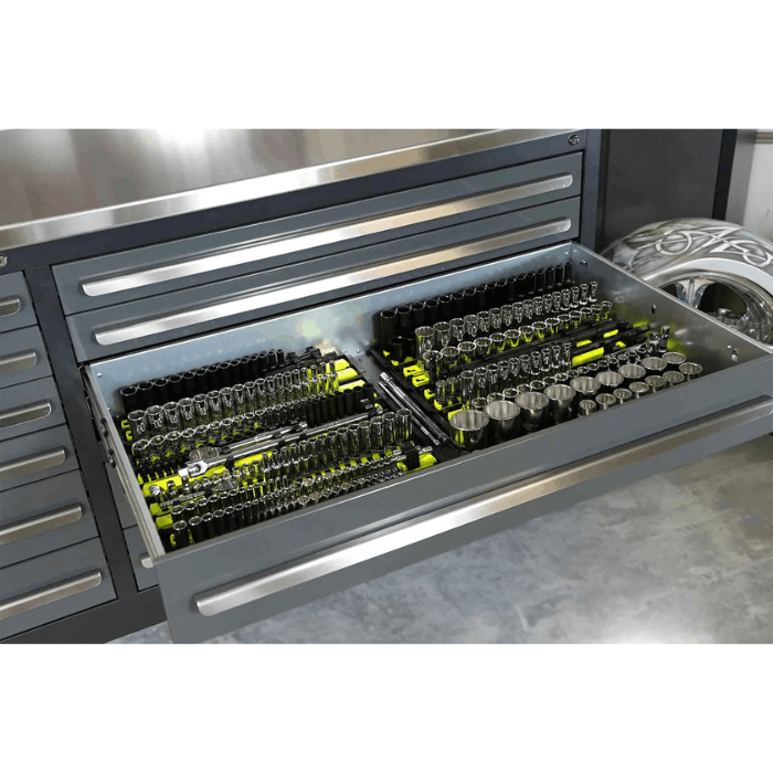 Open drawer photo showing socket organization in Dragonfire 9ft 20 drawer workbench DFT-WB-20