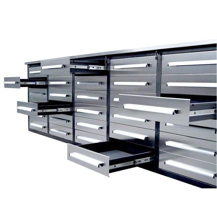 Open drawer view of Chery Industrial 10 foot 30 drawer tool storage workbench cabinet with ball bearing drawer slides