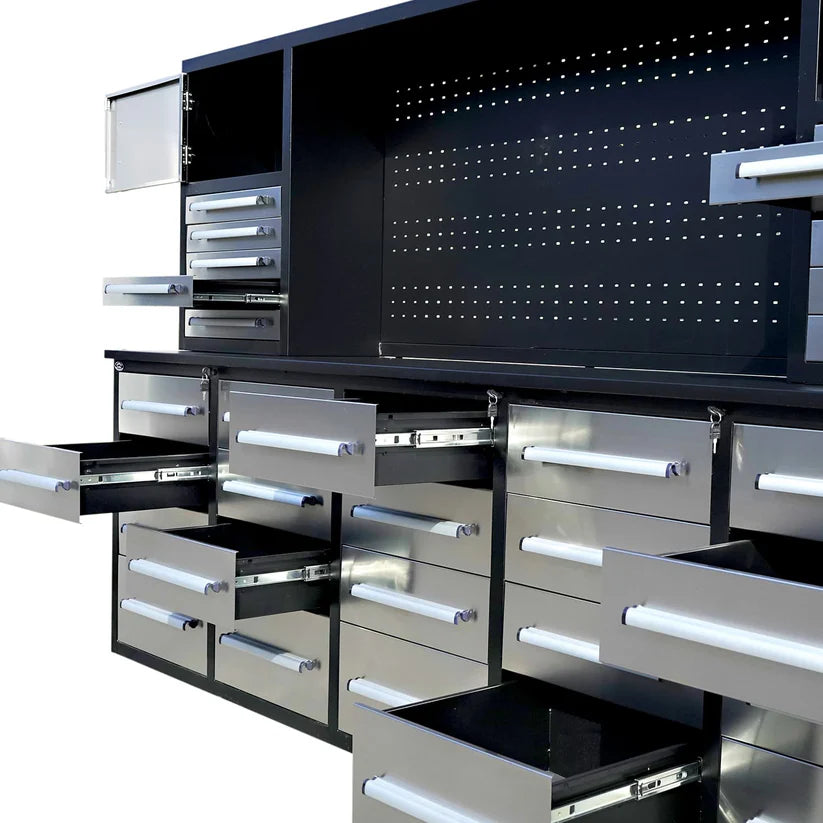 Open drawer view of Chery Industrial 10 foot tool storage workbench cabinet highlighting different depth drawers and slide action