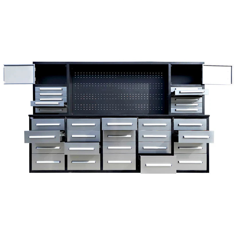 Open drawers on a 30 drawer tool storage workbench with pegboard, Chery Industrial design