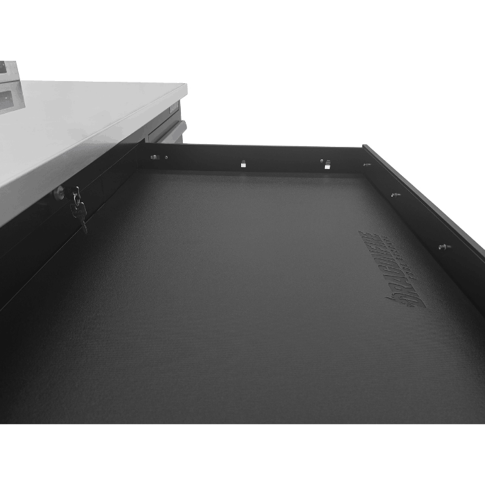 Open pull-out tray surface detail under stainless top on the black Dragonfire DFT-WB-17 workbench with locking drawer system
