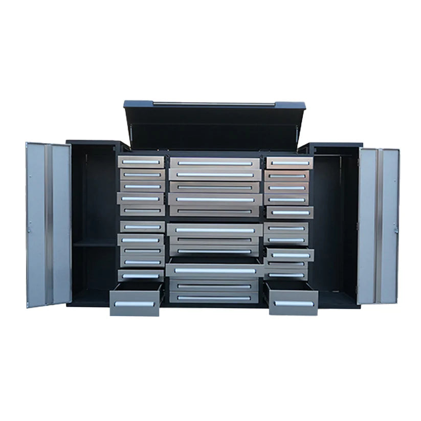 Open storage layout of a 9ft 34 drawer tool cabinet by Chery Industrial with side compartments and slide out drawers