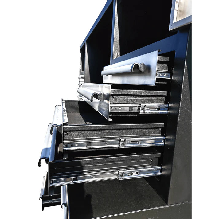 Open storage view of Chery Industrial 7 foot garage workbench station with cabinet doors open, drawers pulled out, and pegboard