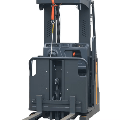 Operator control cabin of Ekko EOP68 2,200 lb electric order picker with ergonomic handles and Curtis controller