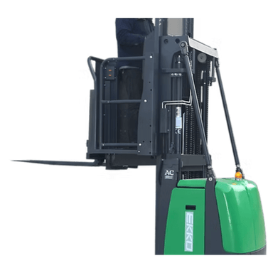 Operator using the Ekko EOP70-Li 2200 lb Electric Order Picker with elevated forks and safety rails during warehouse picking operation.