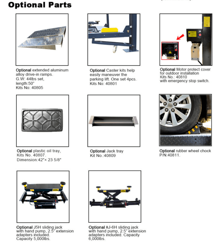 Optional accessories for AMGO 409-HP 4 post lift including ramps, caster kits, jack trays, oil trays, and sliding jacks