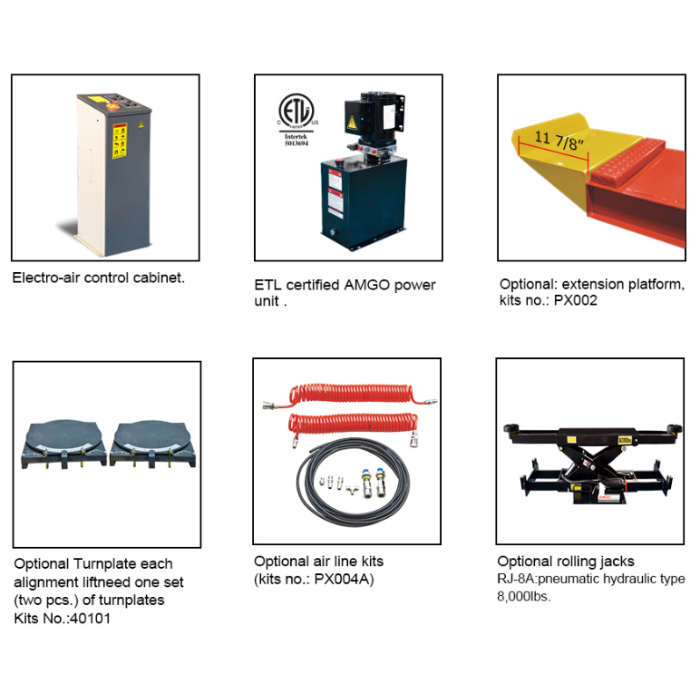 Optional accessories for AMGO DX-12A including control cabinet, ETL power unit, extension platforms, air line kit, turnplates, and rolling jacks