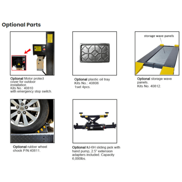 Optional accessories for AMGO double wide 4-post lift including sliding jack and oil tray