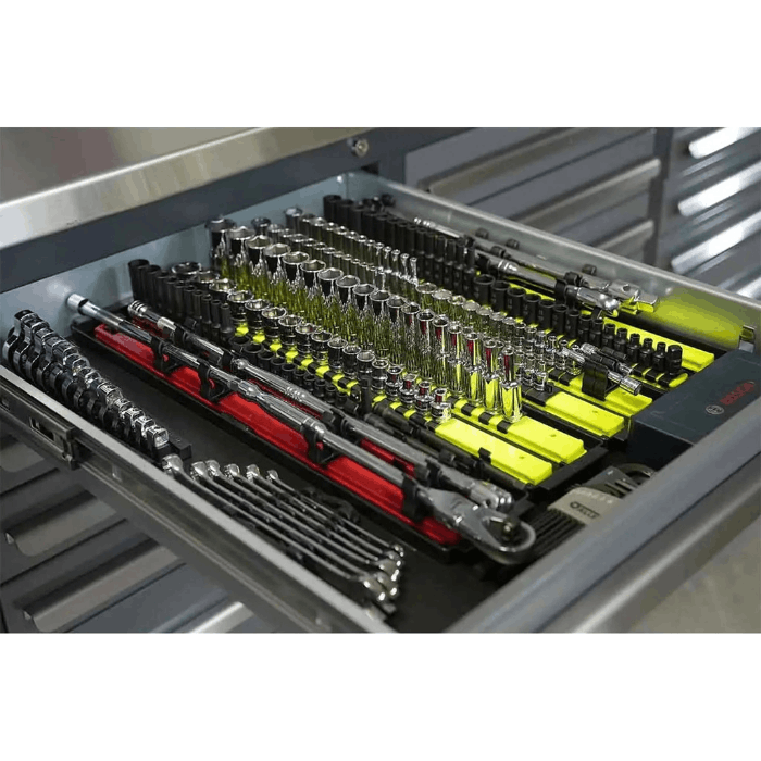 Organized tool drawer example inside gray Dragonfire Pro Series 30 drawer workbench DFT-WB-30